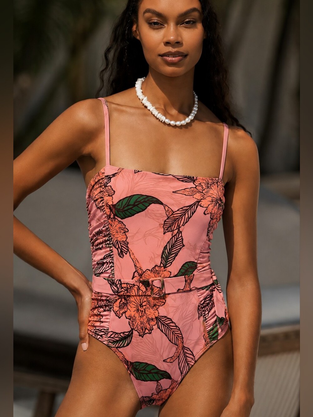 NWT Hutch Jenny Floral Ruched Belted One-Piece Swimsuit Pink Tropical Print